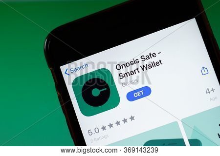 Moscow, Russia - 1 June 2020: Gnosis Safe Smart Wallet App Mobile Logo Close-up On Screen Display, I