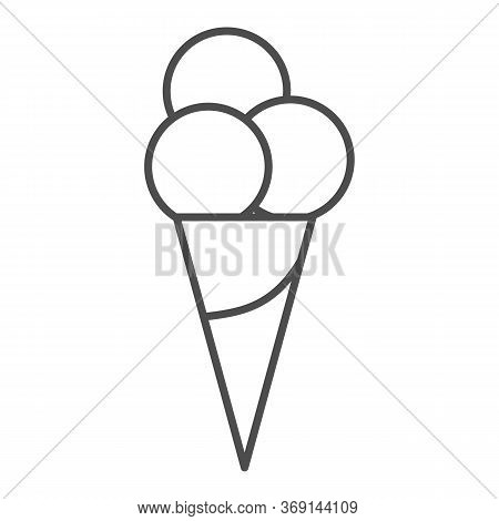 Ice Cream Thin Line Icon, Summer Concept, Three Ice Cream Balls In Cone Waffle Sign On White Backgro