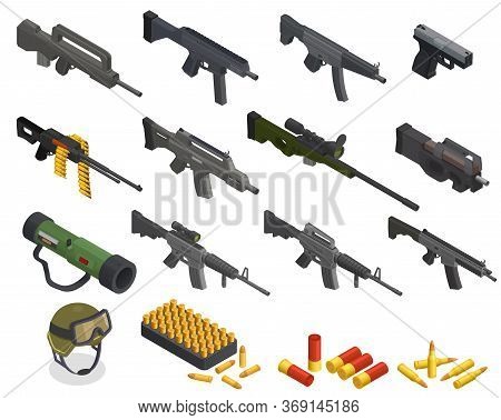 Army Weapons Isometric Set With Isolated Icons And Images Of Guns Bullets And Various Arms Inventory