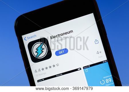 Moscow, Russia - 1 June 2020: Electroneum App Mobile Logo Close-up On Screen Display, Illustrative E