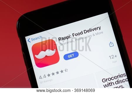 Moscow, Russia - 1 June 2020: Rappi Food Delivery App Mobile Logo Close-up On Screen Display, Illust