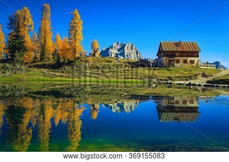 Cute Shelter Hut And Colorful Yellow Redwoods Near The Lake Federa. Beautiful Autumn Scenery In The 