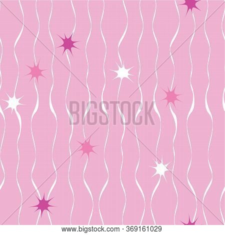 Vector Pink Repeat Pattern With White Waves And White And Pink Stars. Surface Pattern Design.