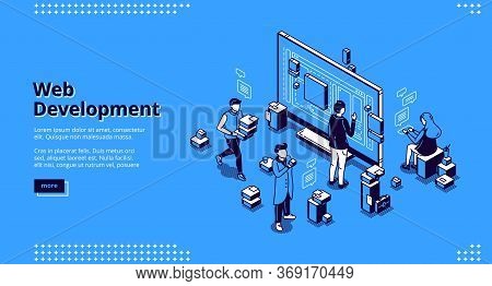 Web Development Isometric Landing Page. Programmers Coding Website Cross Platform, Adaptive Layout, 