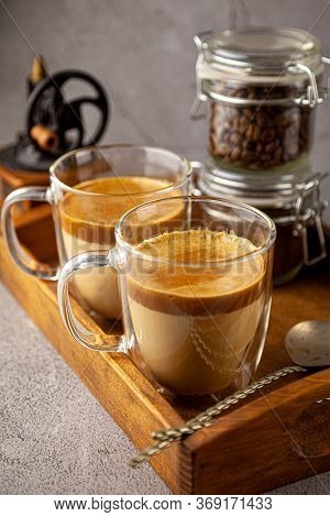 Dalgona Coffee - The Korean Coffee Drink On Wooden Background. Instant Coffee Or Espresso Powder Whi