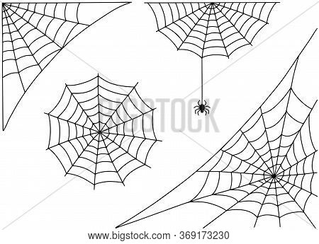 Halloween Spider Web And Spider Isolated On White Background. Hector Venom Cobweb Set.