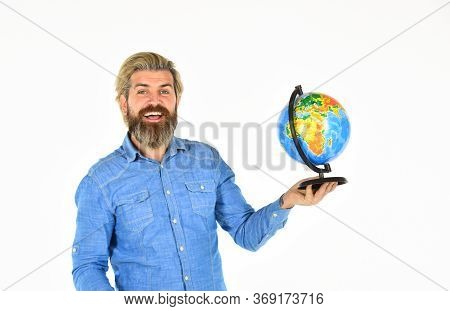 Travel And Wanderlust. Bearded Man With Globe. Earth Day. International Concept. Geography Teacher. 