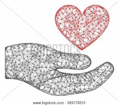 Web Mesh Palm Offer Love Heart Vector Icon. Flat 2d Carcass Created From Palm Offer Love Heart Picto