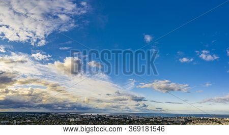 Aerial View From Drone. Aerial View Amazing Sunset Over Of The Suburbs With The City, Far Villages A