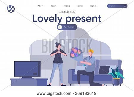 Lovely Present Landing Page With Header. Man Presenting Bouquet Of Flowers To His Beloved Scene. Cou