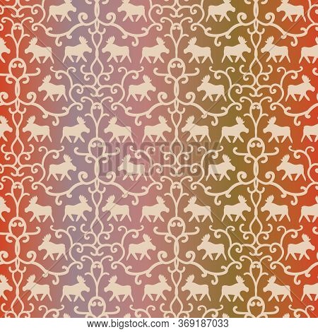 Moose Damask Seamless Vector Pattern With Ombre Gradient. Animal Themed Surface Print Design. For Fa