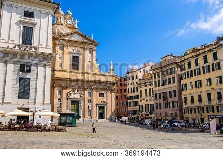 Genoa, Italy - August 18, 2019: Piazza Giacomo Matteotti And Church Chiesa Del Gesu In Genoa, Region