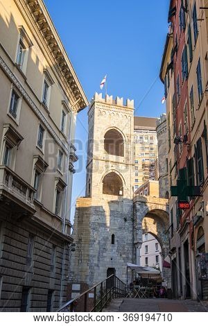 Genoa, Italy - August 18, 2019: Inside View Of Porta Soprana Or Saint Andrews Gate In Genoa, Italy