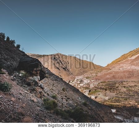 Sunrise In The High Atlas Mountains In Morocco Near Small Village Of Imlil. Blue Sky And Hiking Path