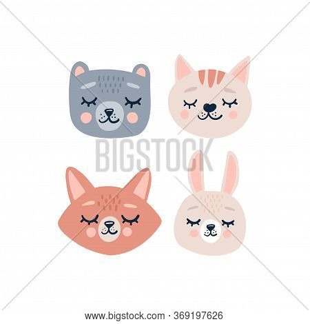 Cute Animals Heads With Closed Eyes. Cute Cartoon Funny Character. Pet Baby Print Collection. Scandi