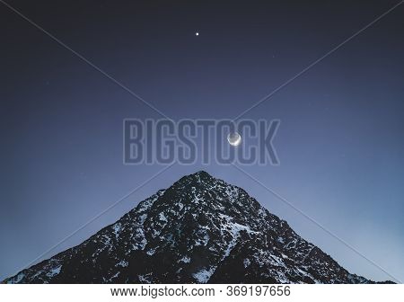 Night Fall Scene With Moon And Stars Above Imlil Village. Small Village In High Atlas Mountains In M