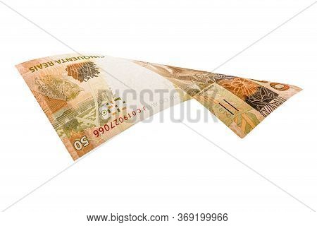 Fifty Reais Bill, Money From Brazil, Falling Slowly. Money Rain. Concept Of Brazilian Economy, Fortu