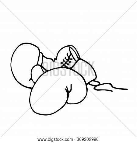 A Pair Of Leather Old Training Boxing Gloves With Lacing, Vector Illustration With Black Contour Lin