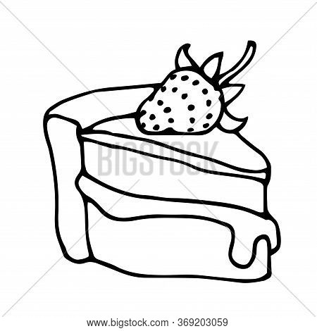 Triangular Piece Of Cake With Strawberries, Icing And Cream, Festive Dessert, Vector Illustration Wi