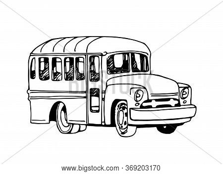 Old American Travel Or School Bus Of The 70s, Vector Illustration With Black Ink Contour Lines Isola