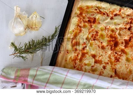 Homemade Italian Focaccia Modenese, With Rosemary And Olive Oil Freshly Baked And Ready To Eat. Arom
