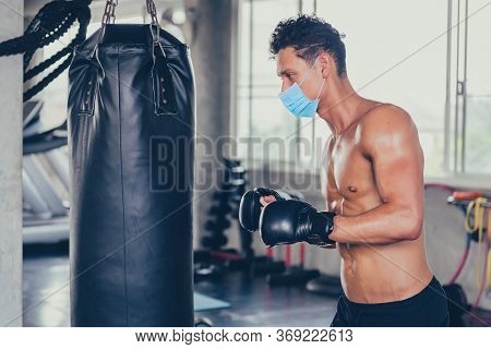 Sport Man Wear Face Mask For Boxing At Fitness Gym. Social Distancing And Wellness. Fit And Firm For