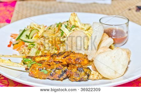 Chicken Satay On Skewers And Rice