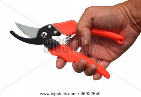 Garten Schere in der Hand, die isoliert auf weiÃŸem Hintergrund