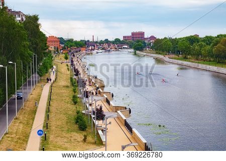 Kaliningrad, Russia - June 13, 2018: Cityview Of The Pregolya River And The Embankment Of Admiral Tr