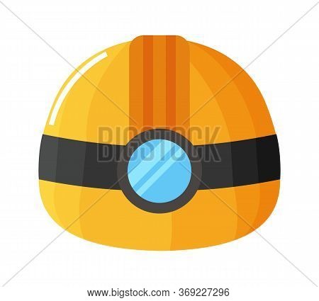 Yellow Helmet With Flashlight Isolated On White. Protective Equipment Worn To Protect Head. Tool Use