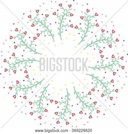 Round Frame With Heart Shaped Flowers Vector Illustration. Mandala Illustration For Greeting Card Ba