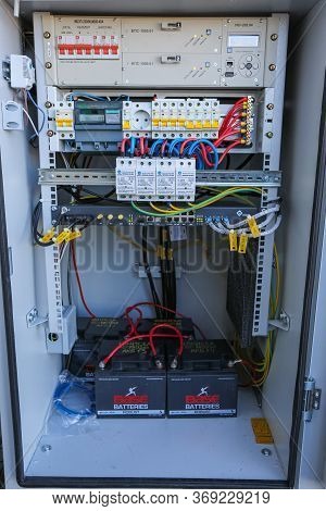 Russia, Saint-petersburg - April 30, 2018: Inside Part Of Climatic Vandal-proof Cabinet With Microwa
