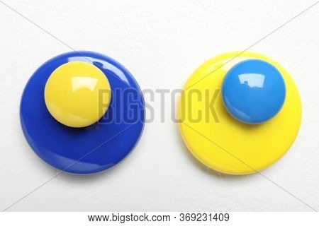 Flat Lay Composition With Colorful Magnets On White Background. Pareto Principle Concept