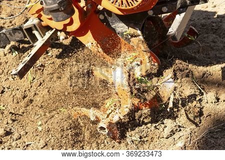 Man Farmer Plows The Land With A Cultivator. Agricultural Machinery: Cultivator For Tillage In The G