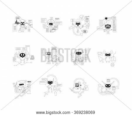 Good And Bad Bots Thin Line Concept Vector Illustrations Set. Internet Robots 2d Cartoon Characters 