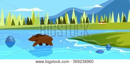 Horizontal Forest Landscape With River, Forest, Hunting Bear, Mountains And Little Houses. Wildlife 