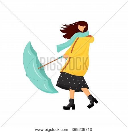 Woman With Umbrella At Storm Flat Color Vector Faceless Character. Rainy Autumn Outfit For Female. R