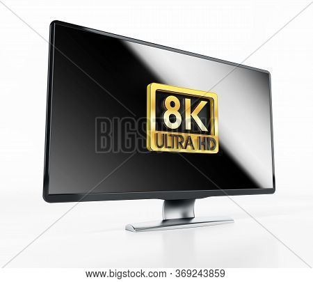 Gold 8k Ultra Hd Label Isolated On White Background. 3d Illustration.