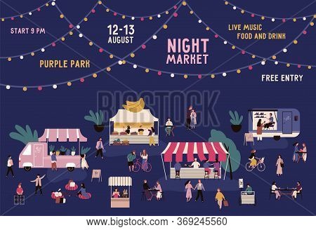Banner Of Night Market With Place For Text On Garland Vector Flat Illustration. Promo Of Nighttime F