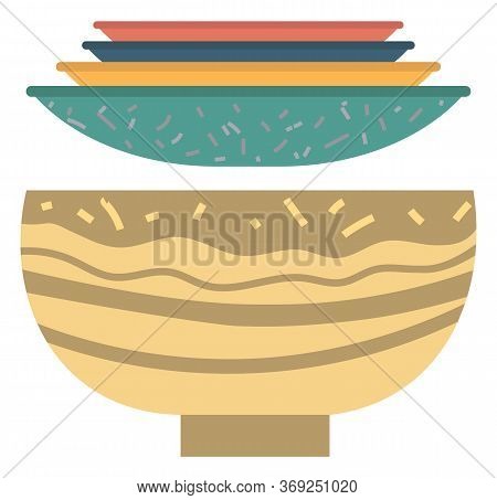 Stack Of Clay Pots Isolated Flat Style Kitchen Utensils. Vector Household Crockery, Terracotta Potte