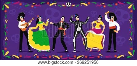 Mexican Day Of The Dead. Skeletons Party Celebration Tradition In Floral Frame. Mexican People Weari