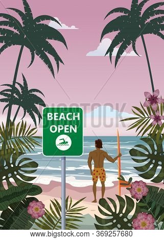 Summer Beach Banner Open Surfer With Surfboard. Seascape Ocean Shore Tropical Flora Palms. Opening S