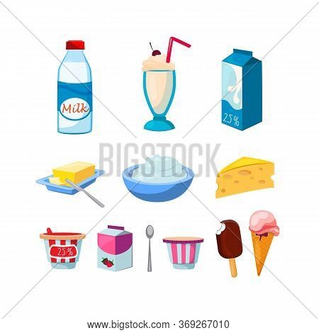 Diary Products Set. Pack, Bowls And Bottles With Mil Foods, Butter, Yogurt, Cheese, Ice Cream, Sour 