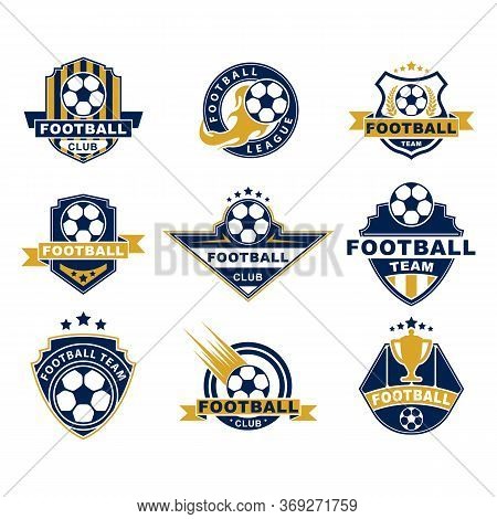 Football Team Or Club Flat Labels Set. Soccer Ball Badges, Circle League Logo, Championship Stickers