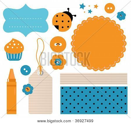 Elementi di Design scrapbook isolati On White (arancione, blu)
