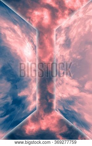 Aesthetic Modern Art Collage With Clouds Sky In Style Of The 80-90s. Real Natural Sky Composition In