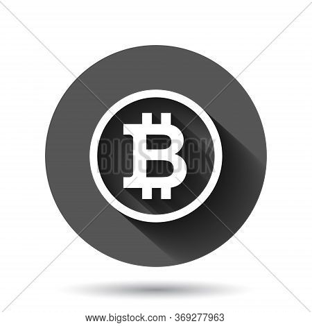 Bitcoin Icon In Flat Style. Blockchain Vector Illustration On Black Round Background With Long Shado