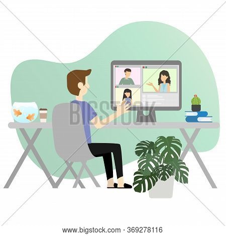 The Man Contact Friend Via Video Conference. They Discussing About Project. Work From Home And New N