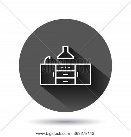 Kitchen Furniture Icon In Flat Style. Cuisine Vector Illustration On Black Round Background With Lon