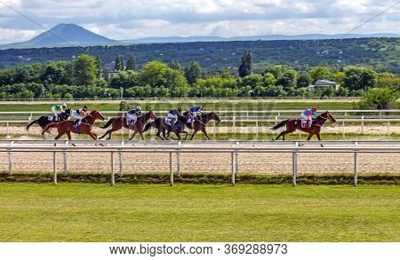 Pyatigorsk,russia - May 31,2020:finish Horse Race For Of The Day Of The Border Guard Prize Of Pyatig